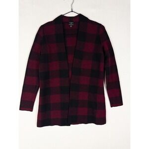 Talbots Merino Wool Cardigan Womens P Black Red Tartan Open Front Casual Knit